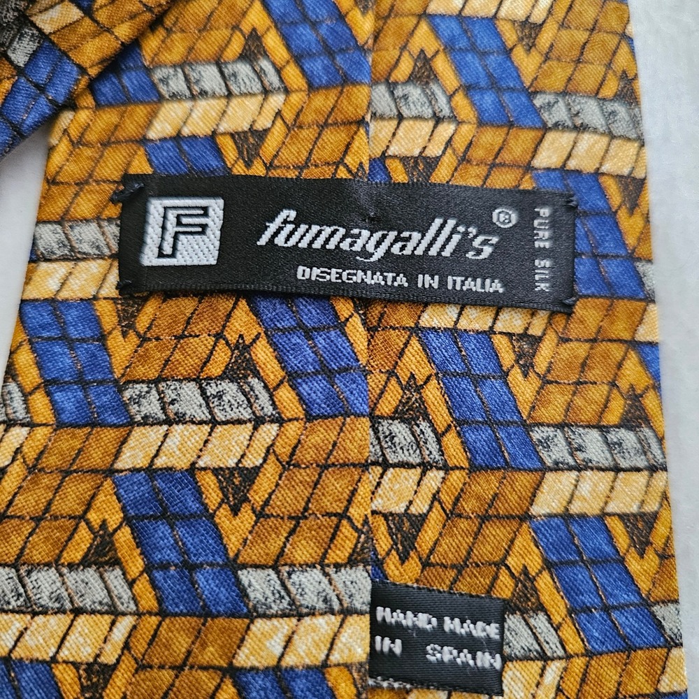 Fumagalli's Mens Silk Tie Geometric  Gold Blue Made in Spain, Italian silk - Picture 3 of 5